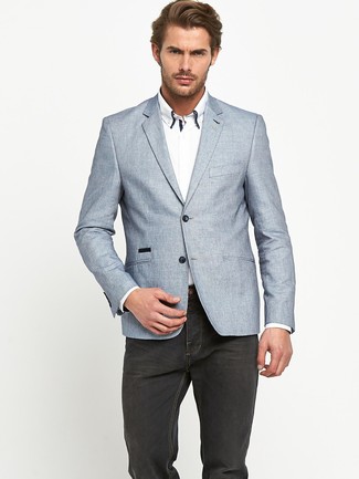 Charcoal Linen Blazer Outfits For Men: Putting together a charcoal linen blazer and charcoal jeans is a fail-safe way to inject your wardrobe with some masculine refinement.