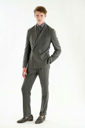 Men's Grey Wool Tie, Grey Suede Loafers, Grey Check Dress Shirt, Grey Wool Suit