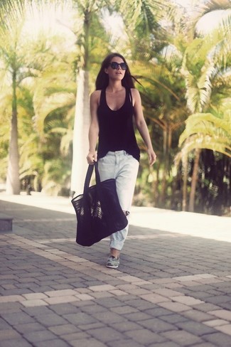Women's Black Suede Tote Bag, Grey Suede Loafers, White Ripped Boyfriend Jeans, Black Tank