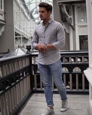 grey shirt light blue jeans