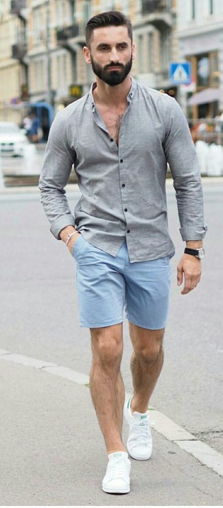 Men's Grey Chambray Long Sleeve Shirt, Light Blue Shorts, White Leather Low Top Sneakers, Black Leather Watch