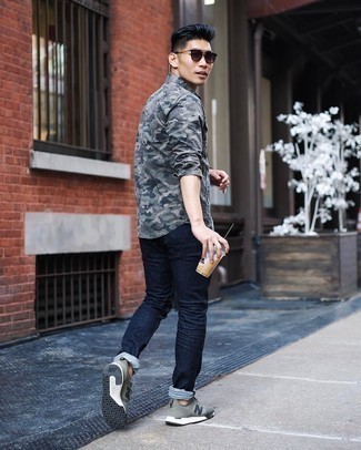 Men's Grey Camouflage Long Sleeve Shirt, Navy Jeans, Olive Athletic Shoes, Dark Brown Sunglasses