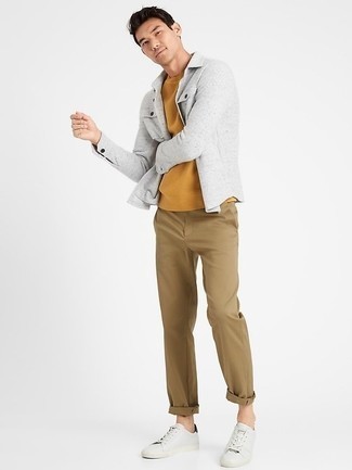 Men's Grey Wool Long Sleeve Shirt, Tobacco Crew-neck T-shirt, Beige Chinos, White and Black Canvas Low Top Sneakers
