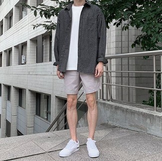 Grey Gingham Long Sleeve Shirt Outfits For Men: For a relaxed casual look, go for a grey gingham long sleeve shirt and grey shorts — these items fit really good together. Add white canvas low top sneakers to the equation and ta-da: this getup is complete.