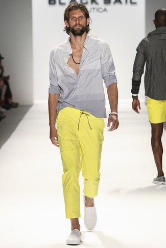 Men's Grey Long Sleeve Shirt, Yellow Chinos, White Slip-on Sneakers, Beige Bracelet