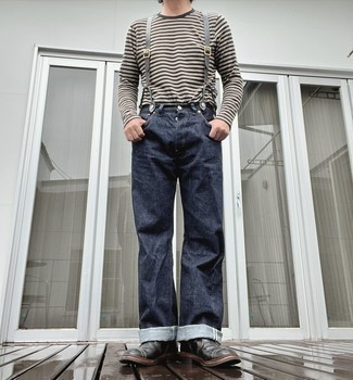 Grey Suspenders Outfits: This combo of a grey horizontal striped long sleeve t-shirt and grey suspenders is beyond versatile and provides a casually cool look. When it comes to footwear, go for something on the dressier end of the spectrum and round off your ensemble with a pair of black leather casual boots.