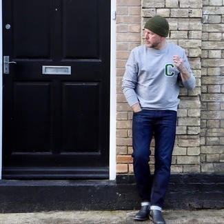 Olive Beanie Outfits For Men: Go for a grey embroidered long sleeve t-shirt and an olive beanie if you're on the lookout for a look idea that speaks bold casual style. Clueless about how to finish off your outfit? Rock a pair of black leather chelsea boots to ramp it up.