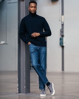 Navy Knit Wool Turtleneck with Blue Jeans Outfits For Men: 