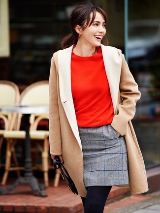 Grey Check Wool Mini Skirt Outfits: 