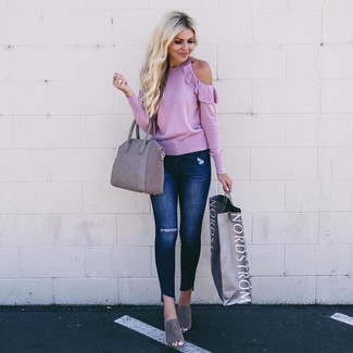 Women's Grey Suede Tote Bag, Grey Suede Mules, Navy Ripped Skinny Jeans, Pink Crew-neck Sweater