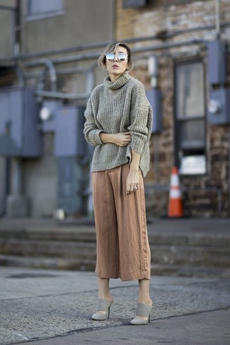 Women's Grey Sunglasses, Grey Suede Mules, Tan Culottes, Grey Cowl-neck Sweater