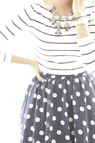 Navy and White Polka Dot Chiffon Full Skirt Outfits: 