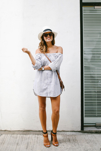 Grey Off Shoulder Dress Outfits: Show your easy-going side in a grey off shoulder dress. Feel somewhat uninspired with this outfit? Invite brown leather heeled sandals to change things up a bit.