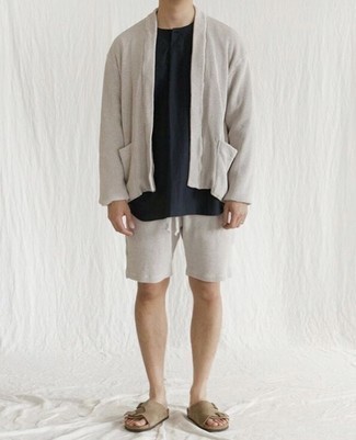 Tan Suede Sandals Outfits For Men: Choose a grey open cardigan and grey shorts to achieve an everyday look that's full of charm and character. Add a pair of tan suede sandals to this look to keep the look fresh.