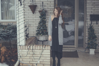 Charcoal Open Cardigan Outfits For Women: A charcoal open cardigan and a black midi dress are a great outfit formula to have in your sartorial arsenal. Why not complement your look with a pair of black leather chelsea boots for a more casual vibe?