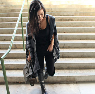 Black Leggings Outfits: This pairing of a grey horizontal striped open cardigan and black leggings is hard proof that a safe off-duty ensemble doesn't have to be boring.