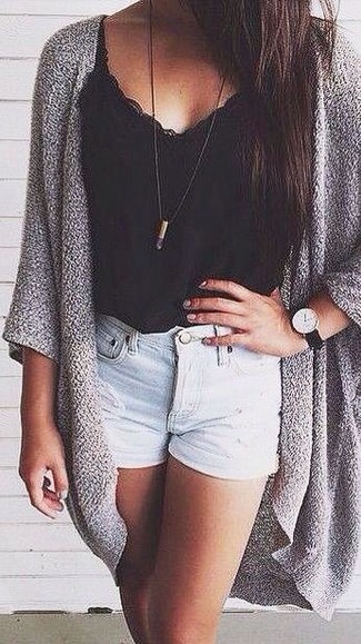 Light Blue Ripped Denim Shorts Outfits For Women: Try teaming a grey open cardigan with light blue ripped denim shorts if you're in search of a look option for when you want to look laid-back and cool.
