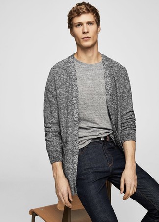 Grey Open Cardigan Outfits For Men: Wear a grey open cardigan with navy jeans to achieve an interesting and modern-looking off-duty outfit.