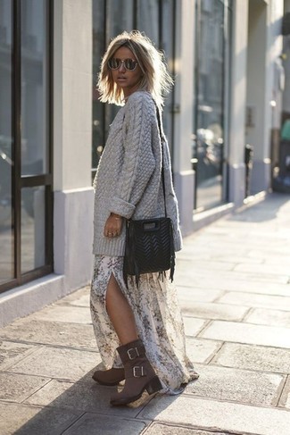 Charcoal Suede Ankle Boots Outfits: This pairing of a grey knit open cardigan and a white floral maxi dress is proof that a pared down casual ensemble can still be really interesting. Add an elegant twist to this ensemble by wearing a pair of charcoal suede ankle boots.