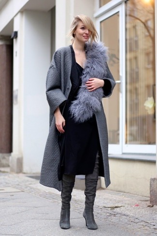 Women's Grey Fur Scarf, Grey Suede Over The Knee Boots, Black Sheath Dress, Grey Coat
