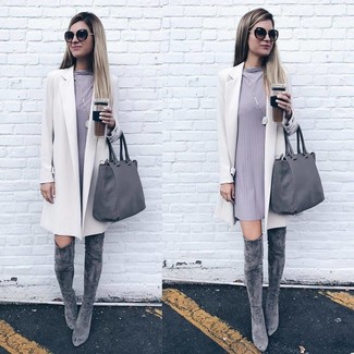 Women's Grey Leather Tote Bag, Grey Suede Over The Knee Boots, Grey Shift Dress, White Coat