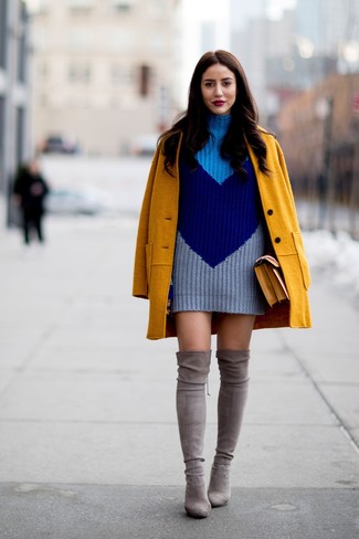 Women's Mustard Leather Satchel Bag, Grey Suede Over The Knee Boots, Navy Knit Sweater Dress, Mustard Coat