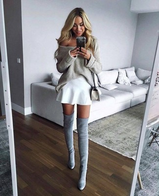 Women's White Leather Crossbody Bag, Grey Suede Over The Knee Boots, White Skater Skirt, Beige Oversized Sweater