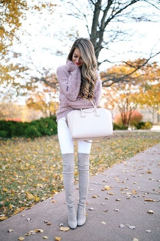 Women's Beige Leather Tote Bag, Grey Suede Over The Knee Boots, White Skinny Jeans, Pink Mohair Crew-neck Sweater