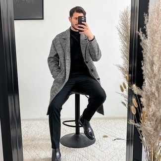 Grey Overcoat Outfits: A semi-casual combo of a grey overcoat and black chinos can keep its relevance in plenty of circumstances. Put a classier spin on an otherwise simple outfit with a pair of black leather chelsea boots.