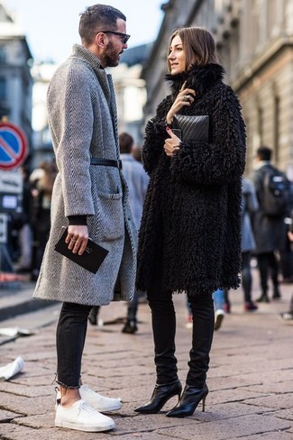 Charcoal Herringbone Overcoat Outfits: Undeniable proof that a charcoal herringbone overcoat and black skinny jeans are awesome when worn together in an off-duty outfit. To give your ensemble a more casual touch, introduce a pair of white canvas low top sneakers to the mix.
