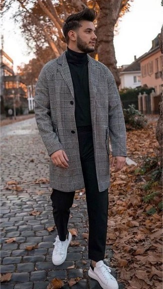Charcoal Plaid Overcoat Outfits: So as you can see, looking effortlessly classic doesn't require that much effort. Just wear a charcoal plaid overcoat and black chinos and you'll look incredibly stylish. Don't know how to round off? Add a pair of white and black leather low top sneakers to the equation to change things up a bit.