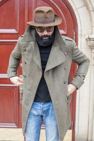 Dark Brown Wool Hat Outfits For Men: For an ensemble that provides function and dapperness, pair a grey overcoat with a dark brown wool hat.