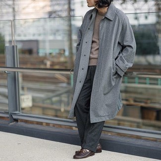 Men's Grey Overcoat, Brown Crew-neck Sweater, Charcoal Wool Dress Pants, Dark Brown Leather Loafers