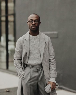 Grey Overcoat Outfits: Teaming a grey overcoat with grey vertical striped dress pants is an amazing option for a smart and sophisticated ensemble.