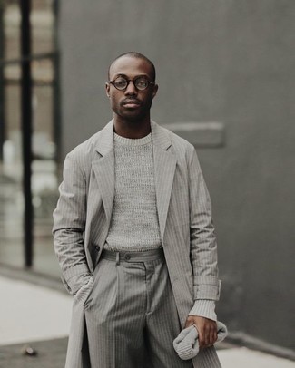 Grey Vertical Striped Overcoat Outfits: Channel your inner Kingsman agent and consider wearing a grey vertical striped overcoat and grey vertical striped dress pants.