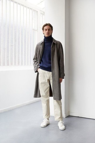 Men's Grey Check Overcoat, Navy Wool Turtleneck, White Chinos, White Canvas Low Top Sneakers
