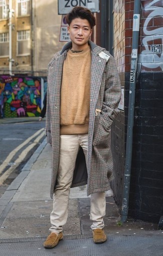 Grey Check Overcoat Outfits: For an effortlessly sleek outfit, marry a grey check overcoat with beige chinos — these two pieces work perfectly well together. To bring some extra zing to this look, complete this outfit with a pair of tan suede loafers.