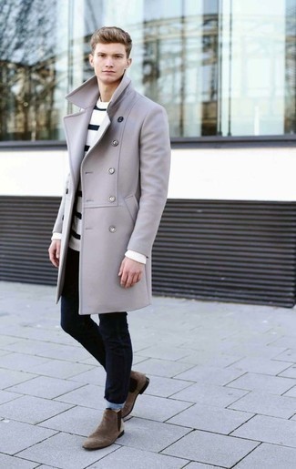 Men's Grey Overcoat, White and Navy Horizontal Striped Crew-neck Sweater, Navy Jeans, Brown Suede Chelsea Boots