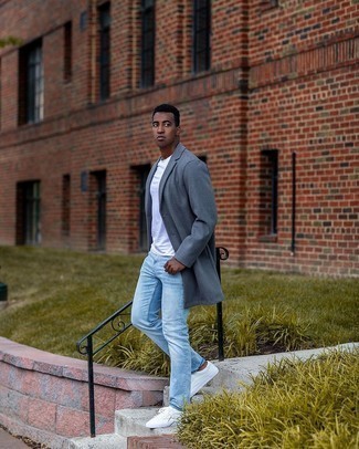 Grey Overcoat Outfits: A grey overcoat and light blue jeans paired together are a good match. Shake up your look by sporting a pair of white canvas low top sneakers.