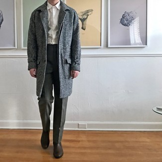 Grey Herringbone Overcoat Outfits: A grey herringbone overcoat and charcoal dress pants are absolute wardrobe heroes if you're planning a classic wardrobe that holds to the highest sartorial standards. Hesitant about how to finish off? Add dark brown leather chelsea boots to the equation to change things up a bit.