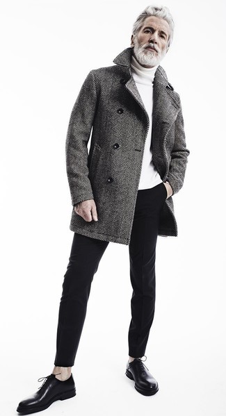 Aiden Shaw wearing Grey Herringbone Overcoat, White Turtleneck, Black Chinos, Black Leather Oxford Shoes