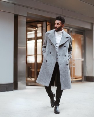 Black Chinos Chill Weather Outfits: For an outfit that's effortlessly neat and camera-worthy, make a grey overcoat and black chinos your outfit choice. On the fence about how to complement your look? Wear a pair of black leather chelsea boots to bump it up.