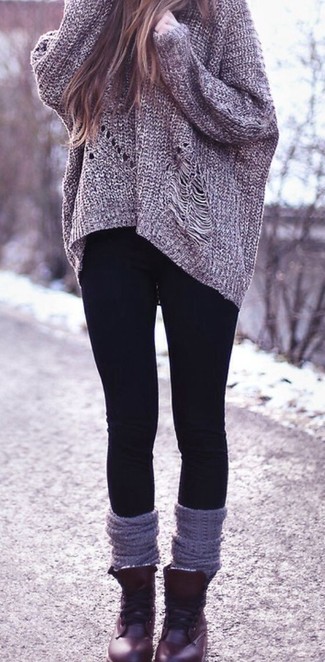 Women's Grey Knit Oversized Sweater, Black Leggings, Burgundy Leather Lace-up Flat Boots, Grey Knee High Socks