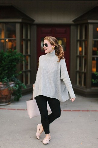 Women's Grey Knit Oversized Sweater, Black Leggings, Pink Leather