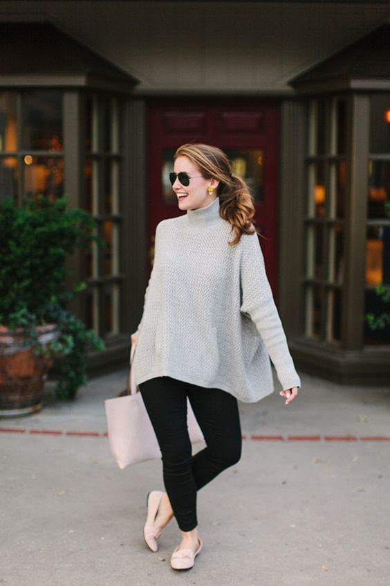 Women's Grey Knit Oversized Sweater, Black Leggings, Pink Leather ...
