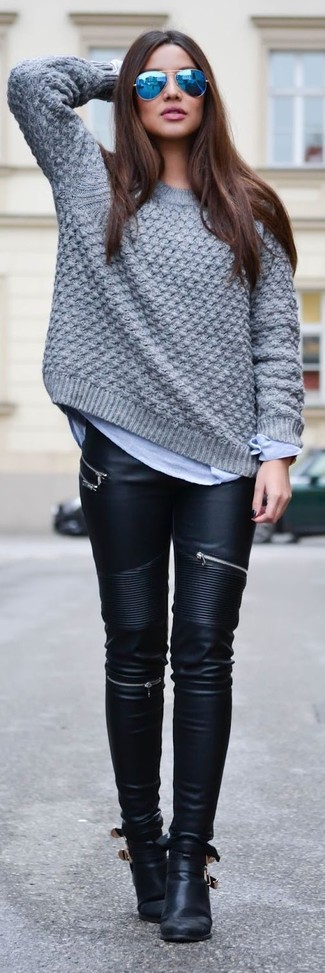 Women's Grey Knit Oversized Sweater, Black Leather Skinny Pants, Black Leather Ankle Boots, Blue Sunglasses