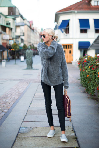 Women's Grey Mohair Oversized Sweater, Black Skinny Pants, Grey Slip-on Sneakers, Burgundy Leather Tote Bag
