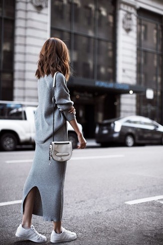 Chunky High Split Knitted Maxi Skirt Grey