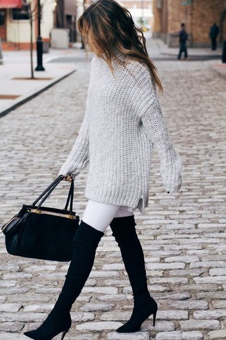Black Suede Over The Knee Boots Outfits: Wear a grey knit oversized sweater and white skinny jeans for equally chic and easy-to-achieve outfit. Go off the beaten path and break up your look by wearing a pair of black suede over the knee boots.