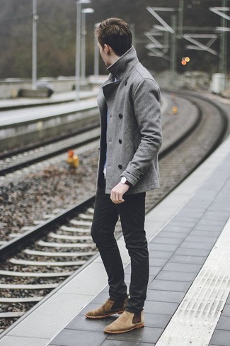 You'll be amazed at how extremely easy it is for any guy to pull together this effortlessly elegant outfit. Just a grey pea coat and black jeans. Tan suede chelsea boots will give an elegant twist to an otherwise everyday look.